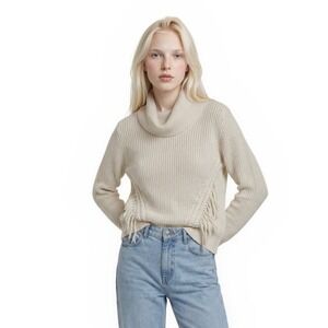 White House Black Market Sweater Womens Size Small Cream Cowl Neck Fringe Chunky